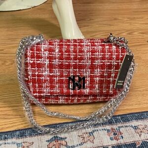 Badgley Mischka Red Tweed Clutch with Silver Chain new punk